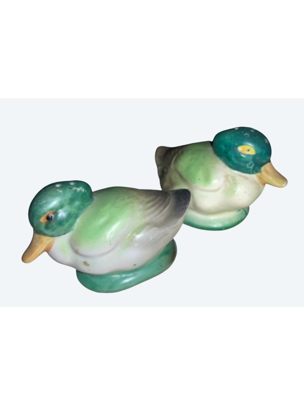 Vintage Ceramic Duck Salt Pepper Shakers Hand Painted Green Yellow Mallard Pair